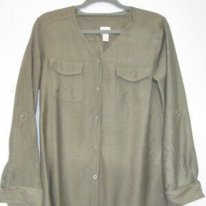 CHICO'S  Womens Sz 1 (8) Green Khaki Roll Sleeves Top Tunic Blouse Rayon Pockets